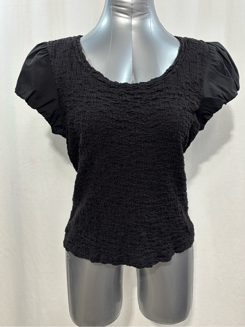 Dkny Blk Crinkle Textured Puff-Sleeve Scoop Neck Top Med 389 casual chic stretch